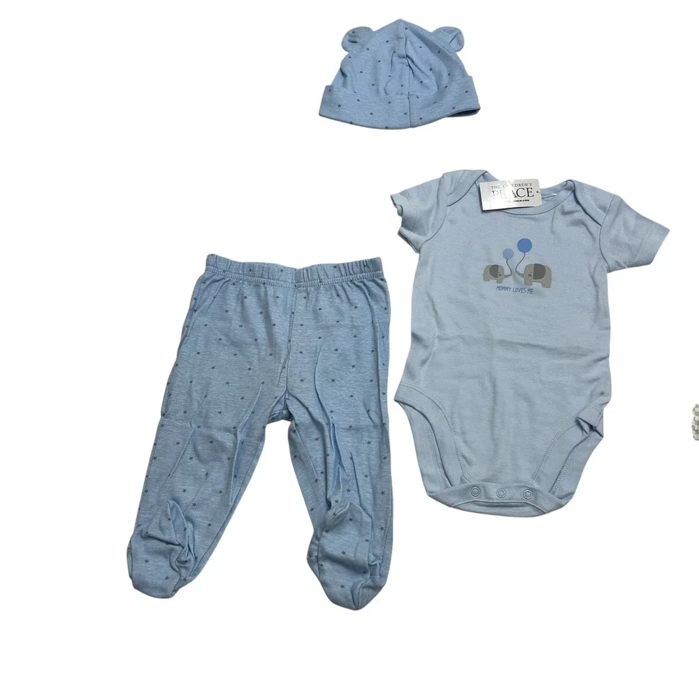 Children's Place 0-3M Baby Blue Elephant 4pc Outfit Set Hat Pants Bodysuit India